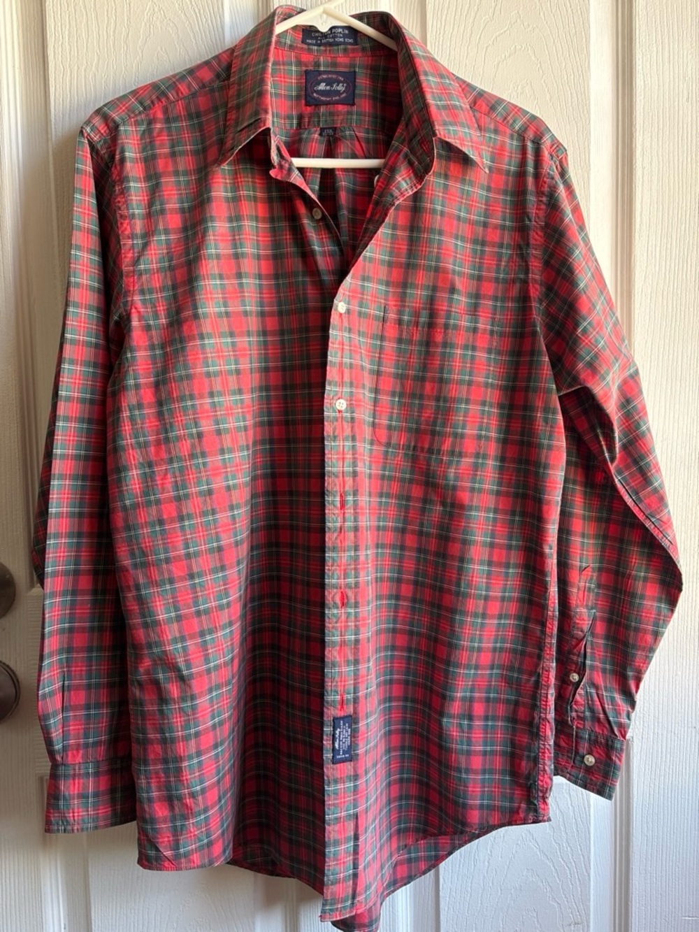 Allen Solly Men’s Red Green Plaid Poplin Cotton Long Sleeve Button-Up 15 1/2